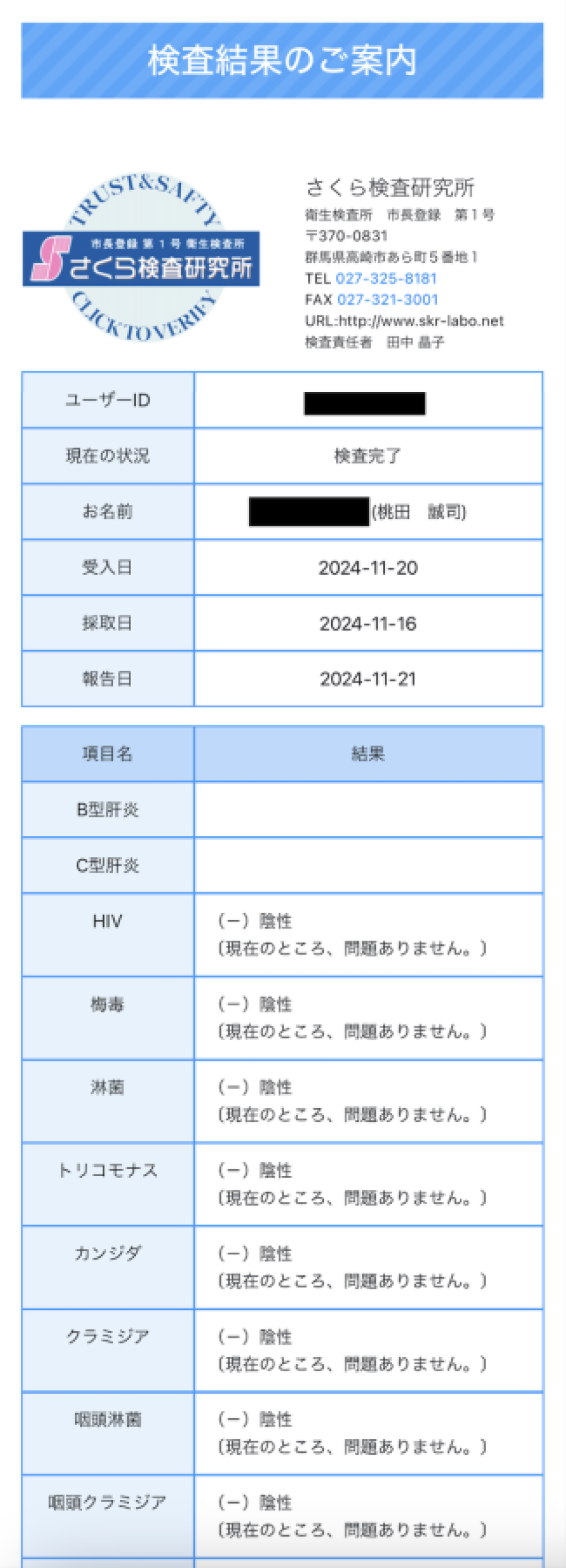 桃田 誠司の性病検査証明書